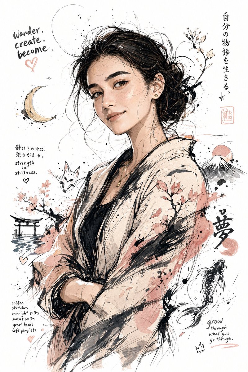 Generate an illustration of "me" as you imagine it. Features include a Japanese…