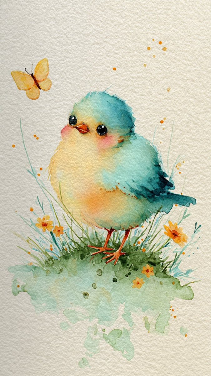 一幅迷人、异想天开的水彩插画,画中是一只圆滚滚、毛茸茸的雏鸟,长着大大的、富有表现力的眼睛和红润的脸颊。作品以柔和的晕染色彩和细腻的飞溅点缀为…, 图片 2