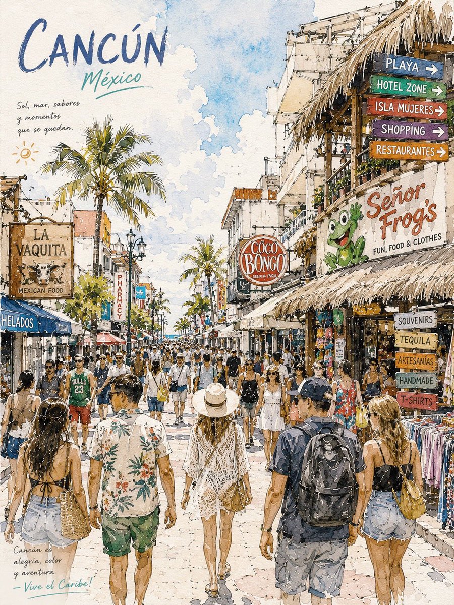 (城市名称)酒店区繁忙热带街景的水彩旅行海报插画，晴朗加勒比氛围，游客穿行于色彩缤纷的集市街道，道路两旁棕榈树成荫，茅草屋顶商铺，鲜艳手绘招牌…, 图片 1