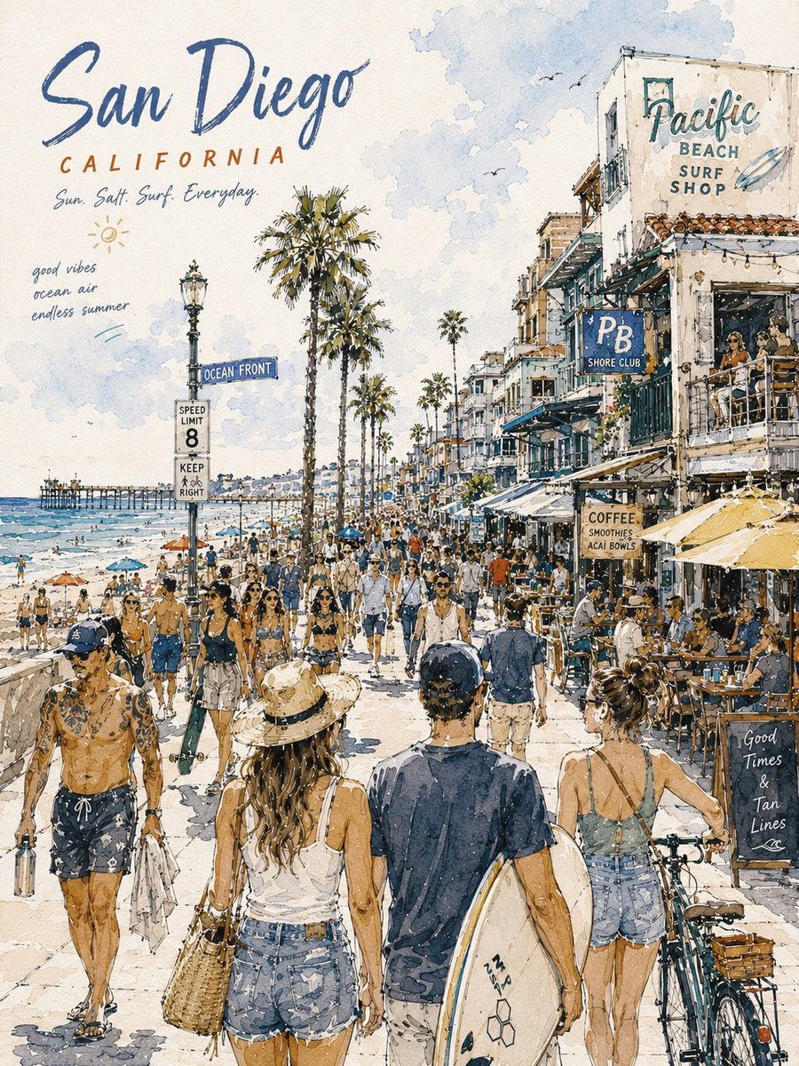 (城市名称)酒店区繁忙热带街景的水彩旅行海报插画，晴朗加勒比氛围，游客穿行于色彩缤纷的集市街道，道路两旁棕榈树成荫，茅草屋顶商铺，鲜艳手绘招牌…, 图片 2