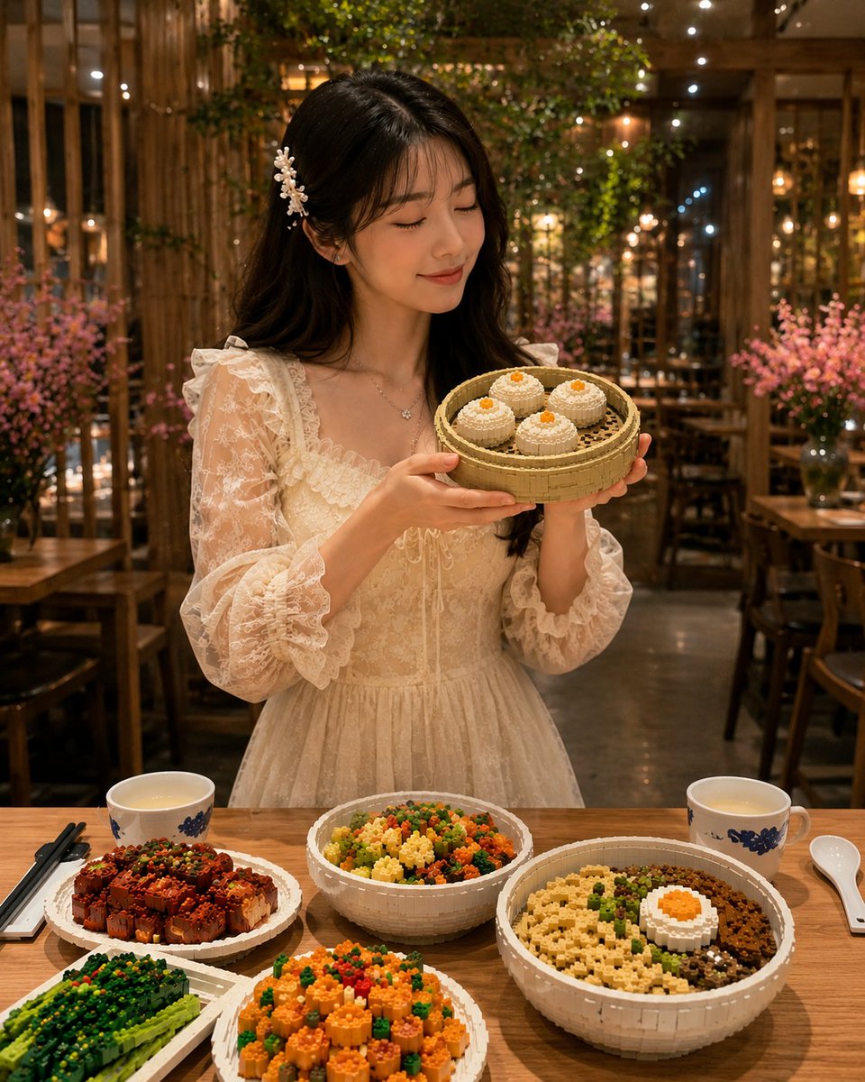 只将图片中的食物转变为迷你乐高风格的微缩雕塑,同时保持其他所有内容完全不变且真实。精确保留原始构图、光线、相机角度、透视、背景、手部、桌子、人…, 图片 2