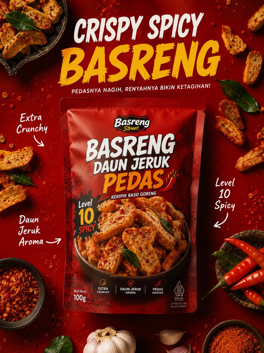 超写实高端食品广告海报，针对一款辛辣印尼basreng（炸肉丸）零食品牌，居中放置哑光袋装包装，标签为“Basreng Daun Jeruk …, 图片 1