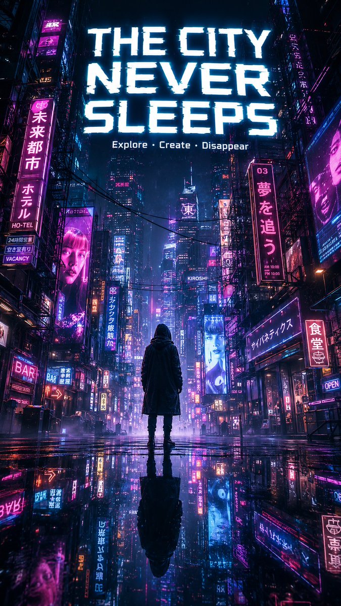 一张令人叹为观止的赛博朋克城市竖版海报，浸透着霓虹氛围，戏剧性的低角度街道视角，透过狭窄的、被雨水浸透的未来主义小巷向上仰望，两侧高耸入云的巨…, 图片 1
