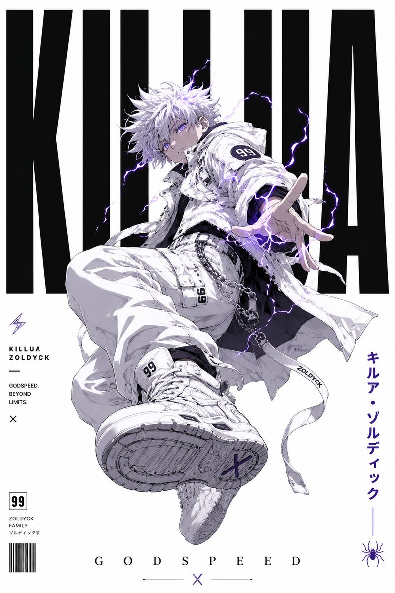 一张极简、高端的平面设计海报,描绘处于觉醒神速(Godspeed)强大状态下的奇犽·揍敌客(Killua Zoldyck)。背景为清晰、纯正的…, 图片 1