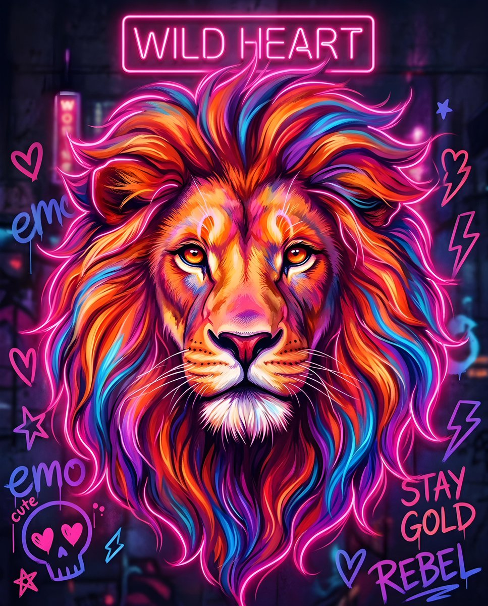 一幅高度精细的雄狮肖像插画,鬃毛向外飘扬,融合了丰富的鲜艳色彩,如炽热的橙色、深邃的红色、电光蓝和明亮的紫色,一双锐利而富有表现力的眼睛直视观…, 图片 1