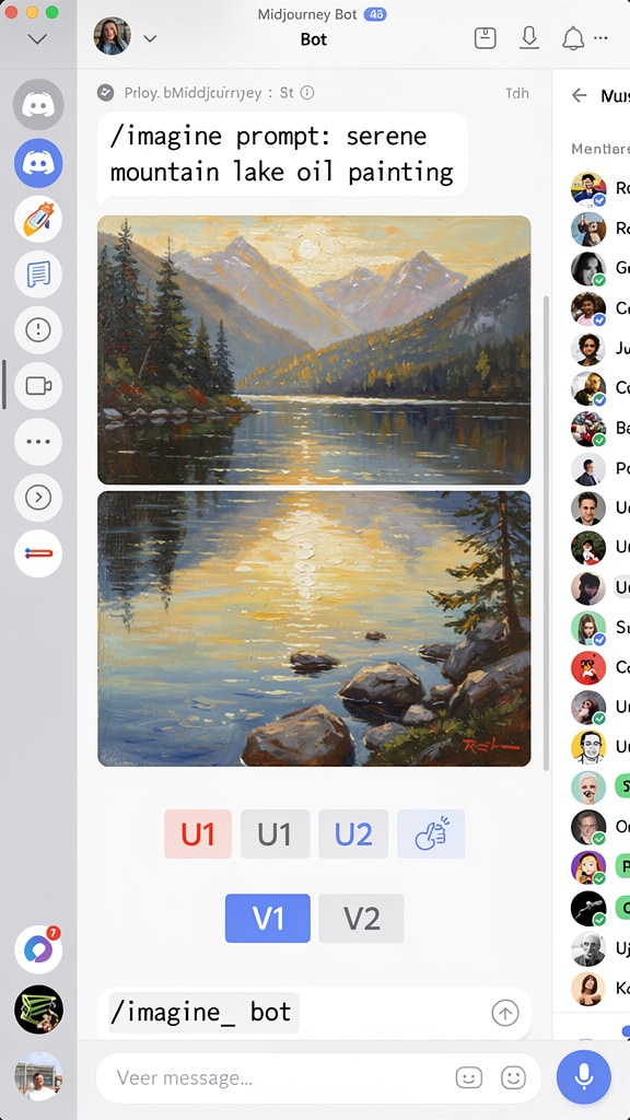 '宁静的山水湖泊，油画，黄金时刻'。它会生成四个变体。通过 U1-U4 按钮进行放大，通过 V1-V4 进行变化。使用 --ar 16:9 调…, 图片 1