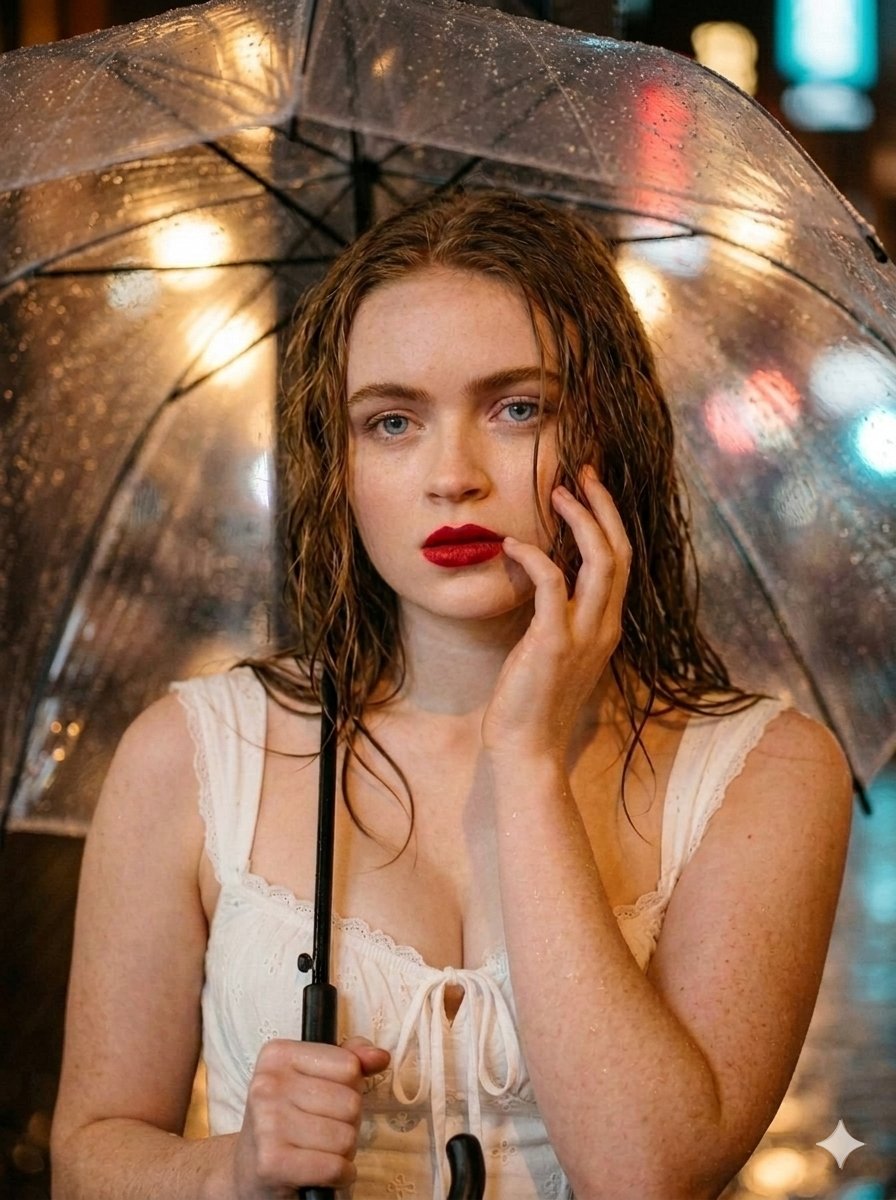 "一张超写实、照片级真实感的中景人物肖像，主体为 'Sadie Sink '，场景设定在雨后夜晚的都市街头。她拥有曲线优美、健康匀称的身材，造…, 图片 1