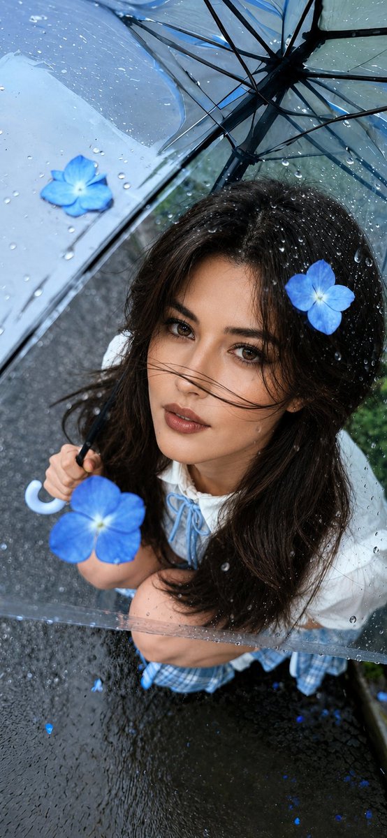 超写实电影感雨中人像摄影：一位美丽的年轻女子坐在潮湿的街道上，撑着一把透明雨伞，以柔和而充满情感的眼神直视镜头，略带凌乱的深棕色齐肩短发随风拂…, 图片 1