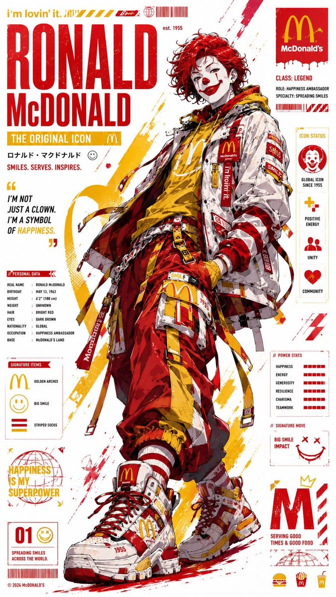 超精细动漫品牌吉祥物海报，灵感源自标志性快餐品牌的全身角色重塑，赛博街头服饰风格，超大机能风夹克，层叠肩带，多功能腰带，工装裤，联名运动鞋，链…, 图片 1