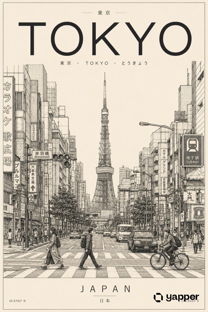 日本东京的竖版旅行海报线性插画，以极简建筑墨水风格绘制，线条超干净，采用深褐到黑色的单色调配色，搭配柔和的米白色纹理纸张背景。, 图片 1
