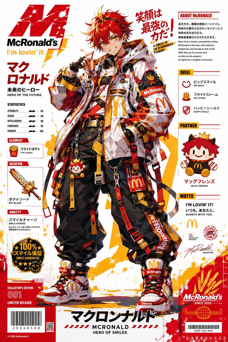 超精细动漫品牌吉祥物海报,受标志性快餐品牌启发的全身角色重塑,赛博街头服饰风格,超大号机能风夹克,多层搭扣,实用腰带,工装裤,品牌运动鞋,链饰…, 图片 2