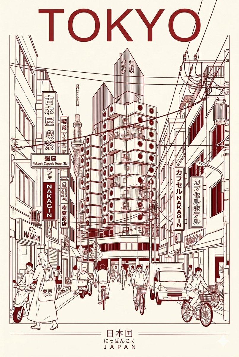 一种极简主义、双色调的旅行海报美学风格，以简洁的线条艺术和建筑融合为特色，灵感来源于这些图片的风格。设计重点呈现热闹的城市街景，其中行人、自行…, 图片 1