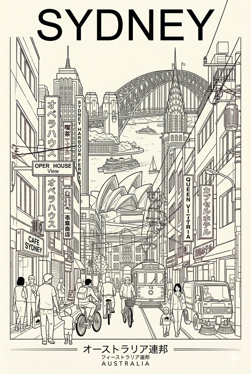 一种极简主义、双色调的旅行海报美学风格，以简洁的线条艺术和建筑融合为特色，灵感来源于这些图片的风格。设计重点呈现热闹的城市街景，其中行人、自行…, 图片 2