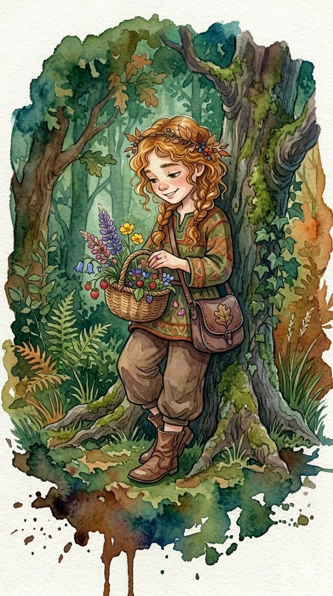 一组充满奇趣的水彩插画,描绘了身处郁郁葱葱林地中的年幼、脸上有雀斑、眼神灵动的孩子们。风格采用鲜艳、晕染的水彩铺色、柔和的墨线勾勒,营造出梦幻…, 图片 4