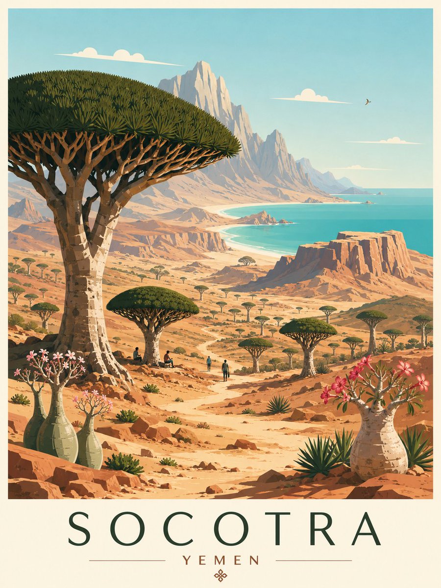 Create a premium editorial travel poster illustration of Socotra Island, Yemen.…