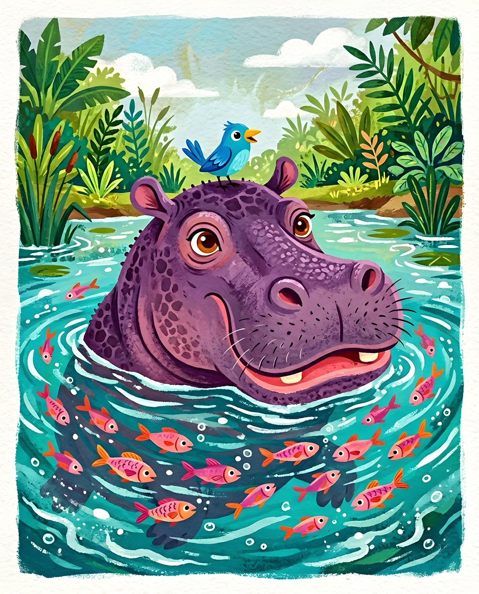 一幅充满奇趣的插画描绘了一只体型巨大的紫色河马，半个身体浸没在青绿色的水中。河马的头部和口鼻部分十分醒目，长着一双大而富有表现力的眼睛和一张宽…, 图片 1