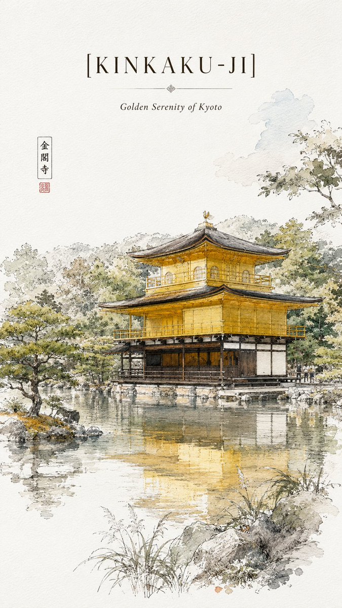 极简主义超高分辨率金阁寺旅行素描海报,绘制于干净的白色速写本纸上,带有细微的纸张纹理质感。风格:精致的钢笔画 + 松散的水彩素描。细腻的黑色墨…, 图片 2