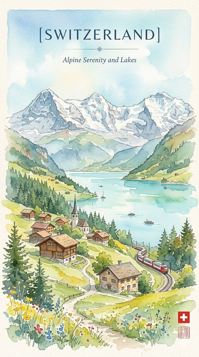 水彩旅行海报,将罕萨山谷的粗犷遗产与瑞士宁静的阿尔卑斯魅力和谐相融。插画以宏伟的雪山山脉作为背景,俯瞰一片景观:古老的石头堡垒与层层农业梯田延…, 图片 2