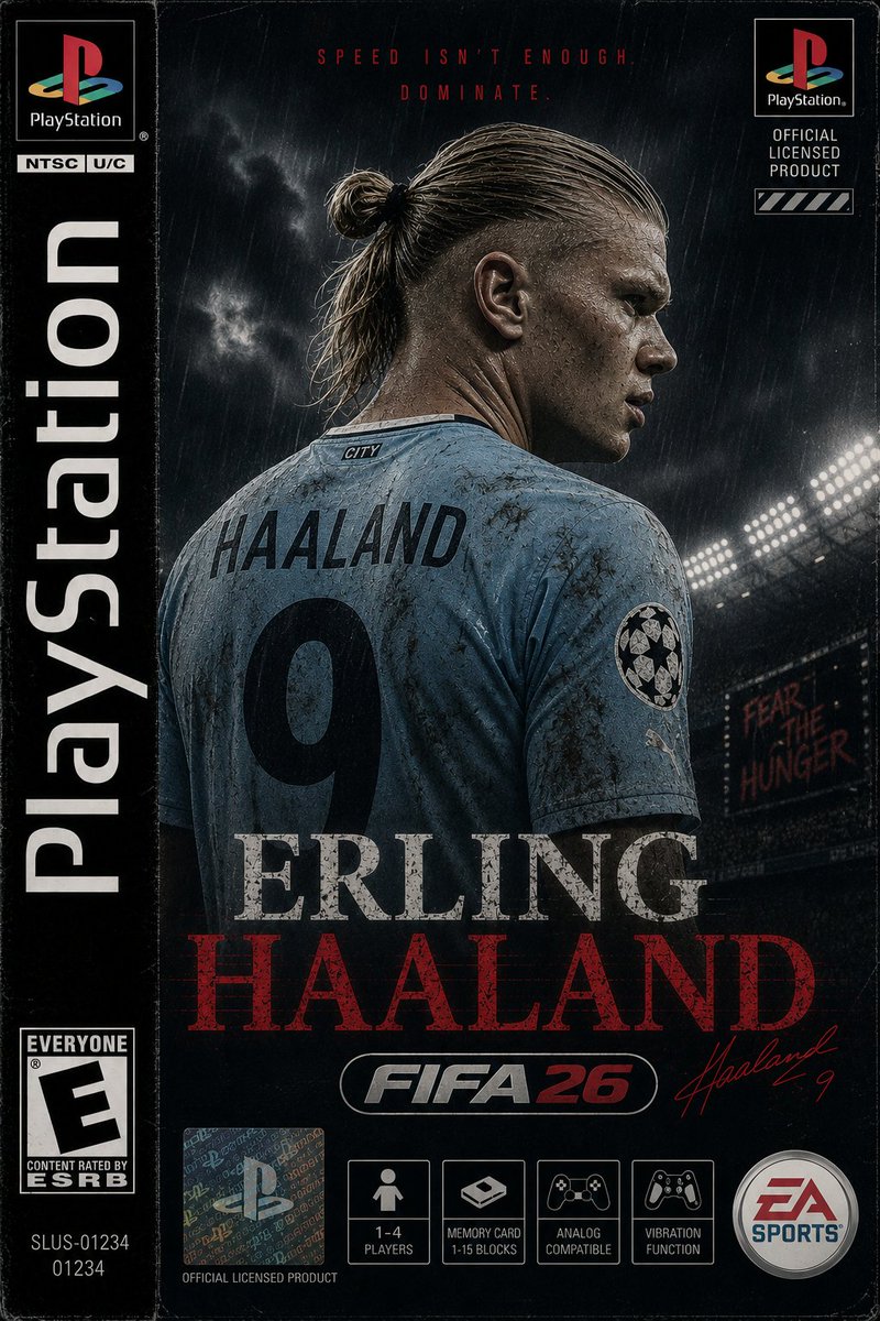 创作一张以厄林·哈兰德(Erling Haaland)为主角的竖版 PS1 游戏封面,灵感来自 FIFA26,设计融合 20 世纪 90 年代…, 图片 1