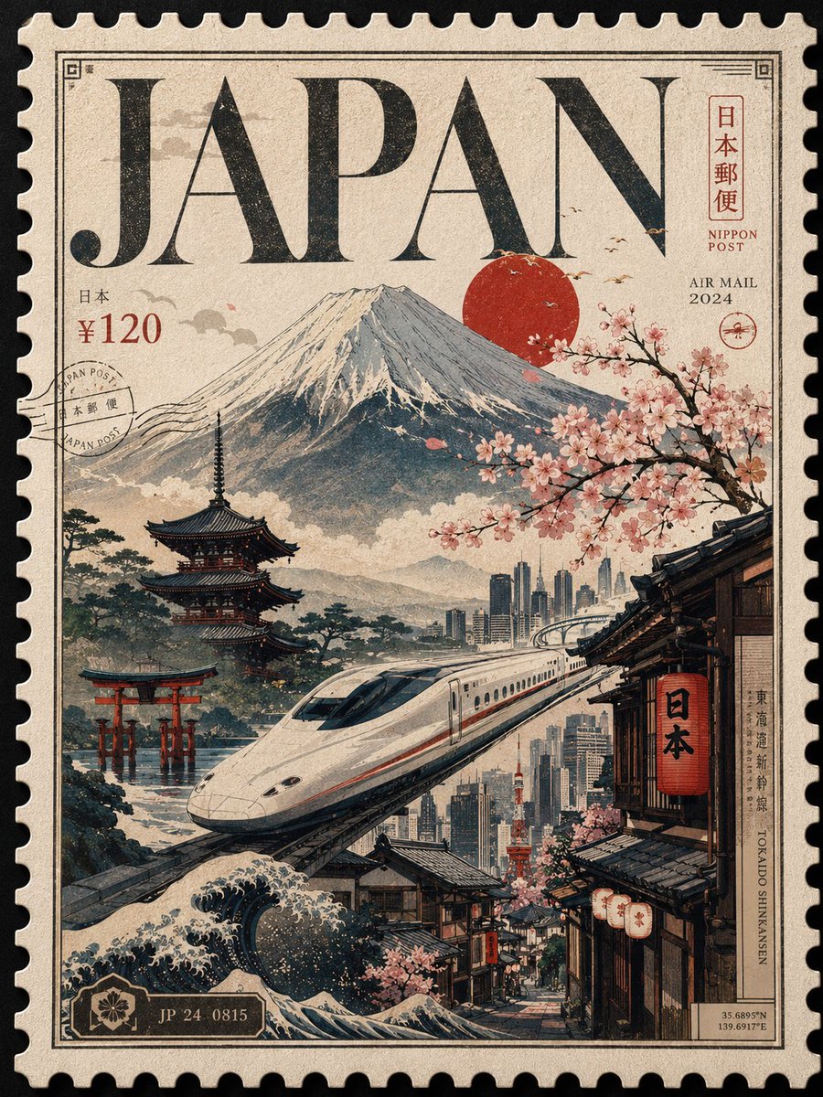 设计一张 3:4 比例的日本高级可收藏邮票海报，整体构图是一枚宏伟的奢侈邮票，像罕见的国家文物一样填满整个画面边缘。邮票应以放大的触感齿孔边缘…, 图片 2