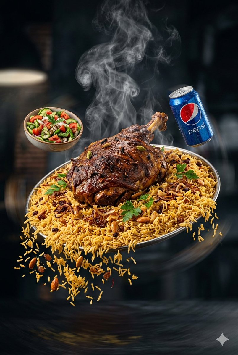 一块巨大的沙特羊肉卡布斯(Kabsa)悬浮在空中,米饭从两侧流下。沙拉和百事可乐围绕着羊肉卡布斯以戏剧性的慢动作旋转。热腾腾的肉饼上冒出浓烈的…, 图片 1
