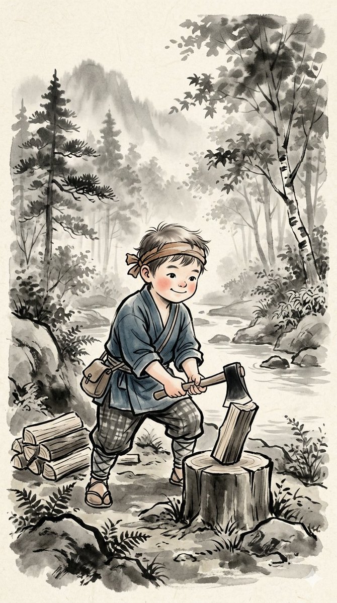 这些插图具有迷人的手绘美学风格,灵感源自日本传统水墨画和水彩画。场景描绘了一群活泼的儿童身着古朴的古装,在郁郁葱葱、雾气弥漫的森林中过着简单的…, 图片 1