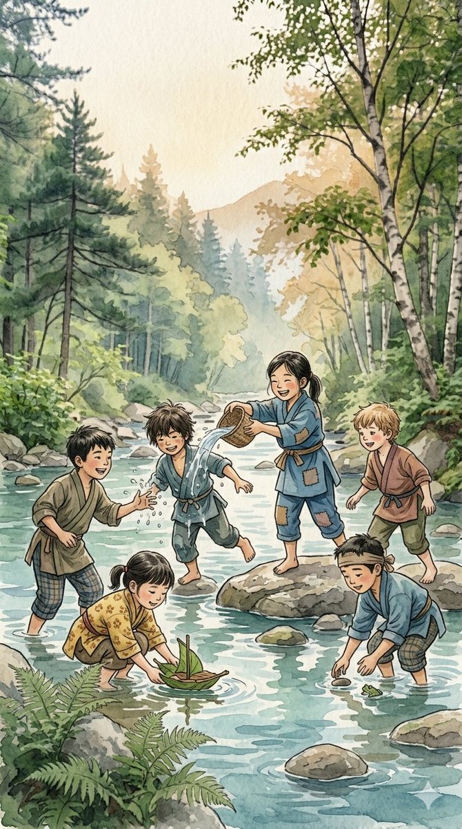 这些插图具有迷人的手绘美学风格,灵感源自日本传统水墨画和水彩画。场景描绘了一群活泼的儿童身着古朴的古装,在郁郁葱葱、雾气弥漫的森林中过着简单的…, 图片 2