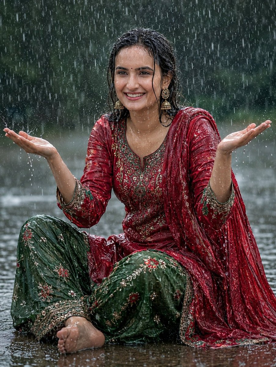 超逼真南亚女性坐在大雨中，笑容愉悦，黑发湿透，脸上和衣服上落满雨滴，身着优雅的红色刺绣克什米尔库尔塔，搭配绿色印花长裤，是巴基斯坦/印度传统服…, 图片 1