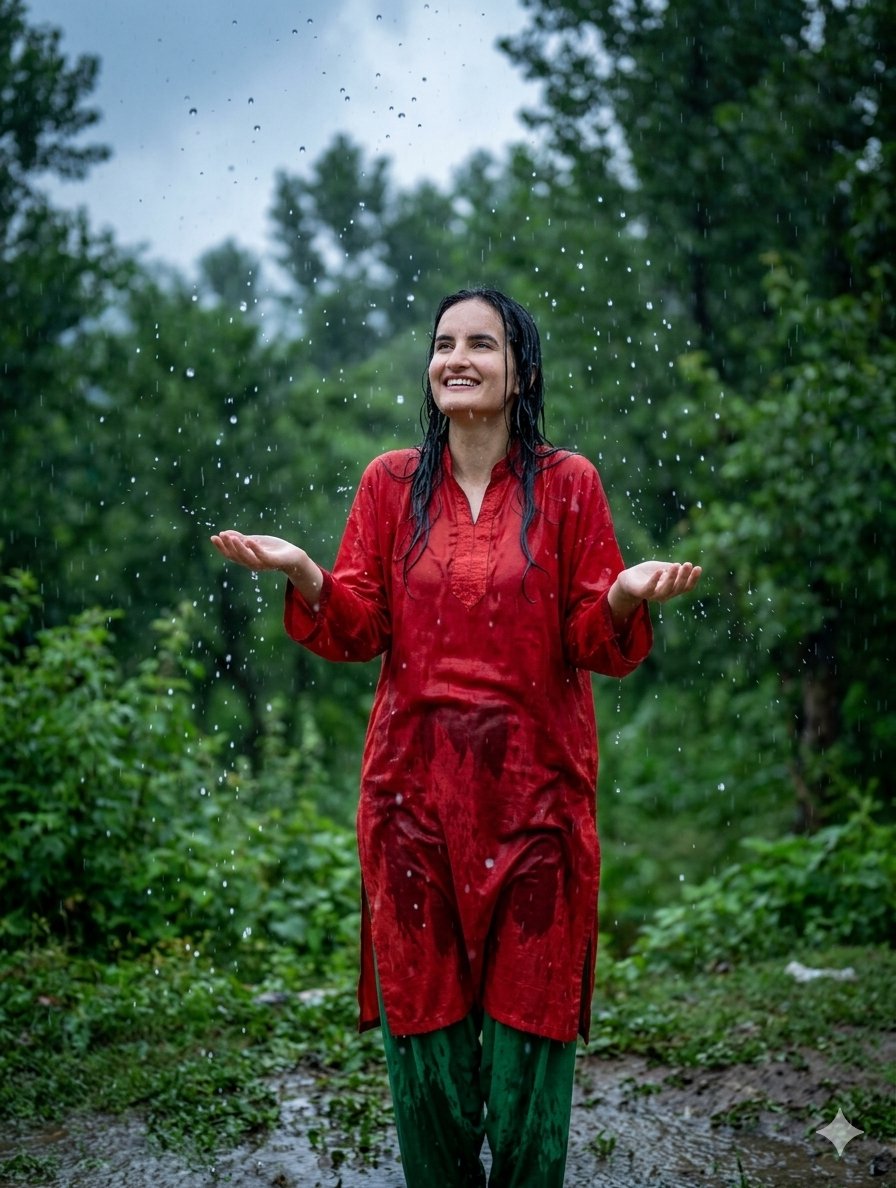 超逼真南亚女性坐在大雨中，笑容愉悦，黑发湿透，脸上和衣服上落满雨滴，身着优雅的红色刺绣克什米尔库尔塔，搭配绿色印花长裤，是巴基斯坦/印度传统服…, 图片 2