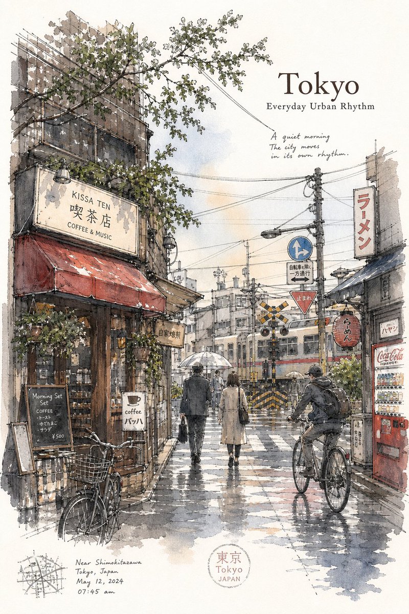 东京极简城市旅行速写海报,由一位经验丰富的城市速写画家在清晨宁静的旅行时刻,像实地写生一样绘制。, 图片 1