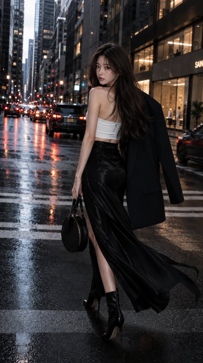 超写实电影级高端时尚编辑风格人像肖像：一位极其美丽的高挑女性在黄金时刻自信地伫立于一条豪华现代的都市街道中央，灵感来自《Vogue》T台大片与…, 图片 3