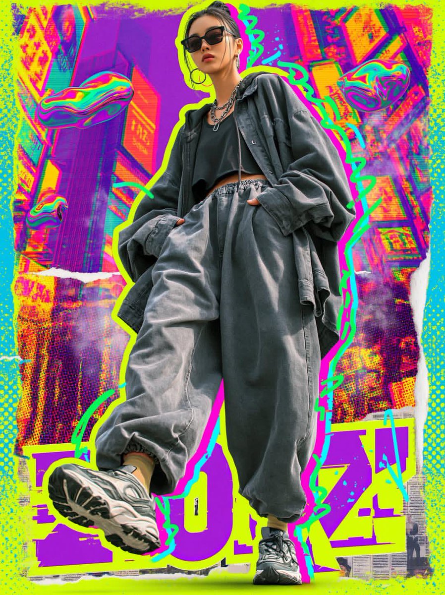 超风格化赛博朋克街头服饰时尚海报,全身年轻女性自信地朝镜头走来,超大炭灰色夹克与超宽松慢跑裤,黑色短款上衣,厚底未来感运动鞋,深色墨镜,银色链…, 图片 1