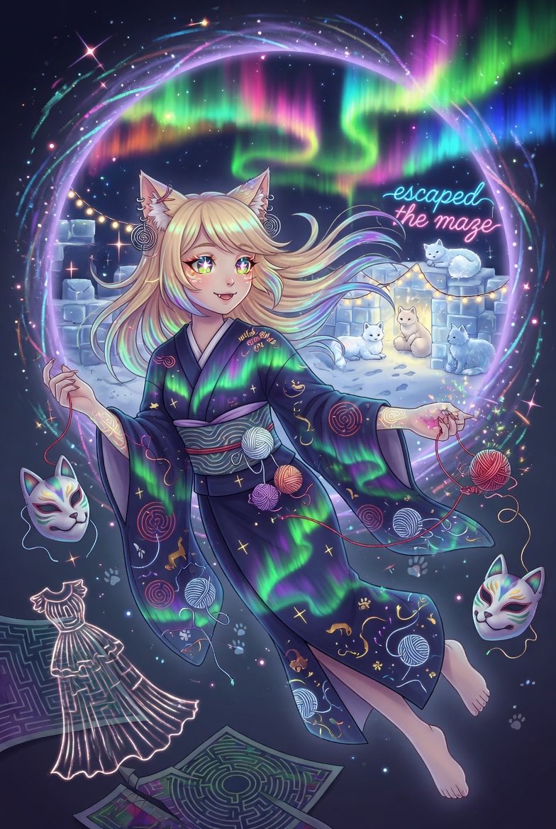 你不是那种普通的猫耳女孩;你是那个从迷宫中逃出来的狂野存在,爪子里还缠着丝线,把它变成了毛线球和高级时装秀的造型,然后一路追逐极光,直到它炸裂…, 图片 1