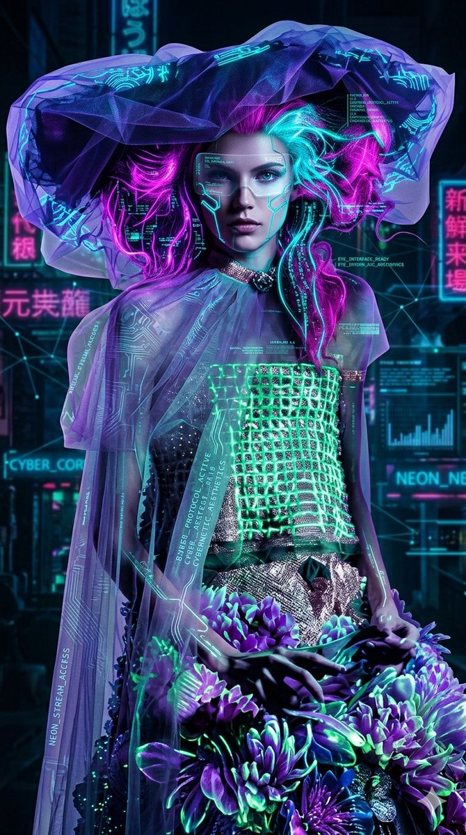 一幅高级时装风格的赛博朋克肖像,画面中是一位女性,身着由发光霓虹质感与半透明紫色薄纱构成的前卫服装。她的眼睛上方佩戴着数字HUD面罩,头发被电…, 图片 1