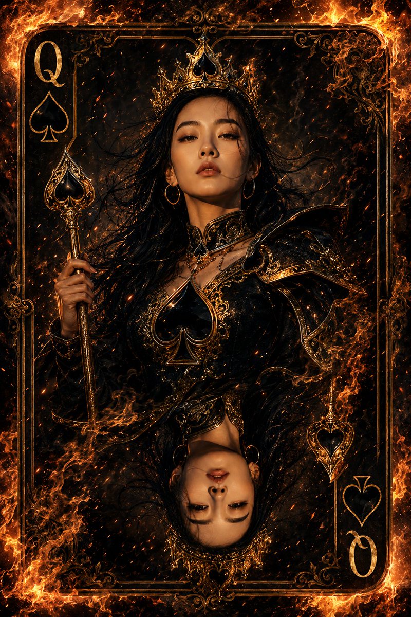 超精细的奇幻扑克牌插画,黑桃皇后,画面中心为一张皇家扑克牌框内、严格参照参考图中同一位年轻女性的面孔。她身穿带有黑桃符号的奢华黑金皇后服饰,头…, 图片 1