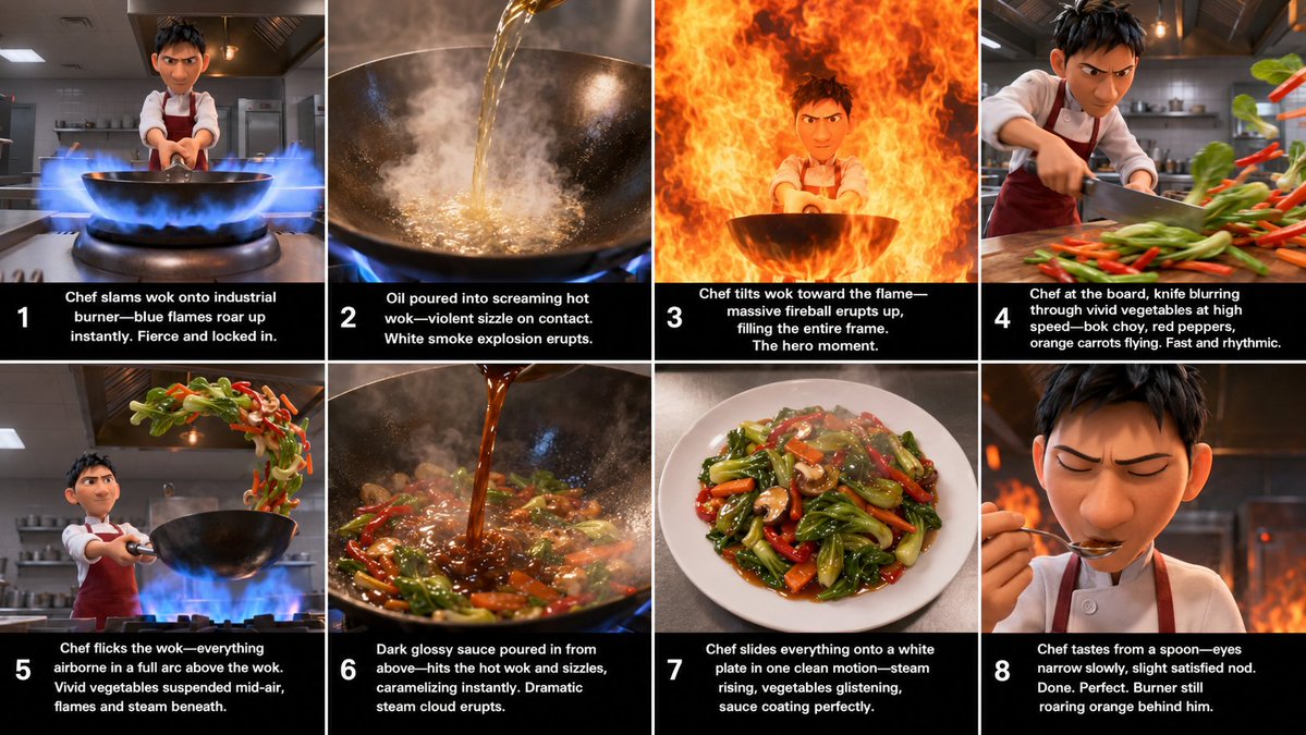 以所附的 THE WOK CHEF(锅气主厨)故事板图片作为准确的视觉参考。创建一个 15 秒、16:9 的动画炒锅烹饪序列,严格遵循 8 个…, 图片 1