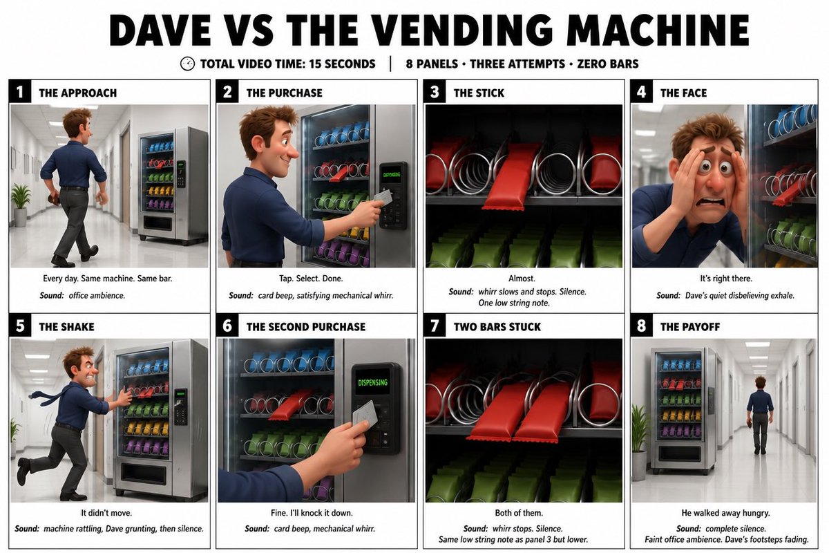 “为 DAVE VS THE VENDING MACHINE（戴夫 VS 自动售货机）创作一幅简洁清爽的信息图故事板海报。16:9 宽屏布局，…, 图片 1