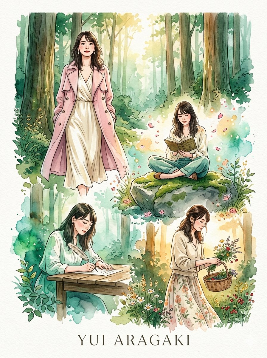 一组奇思妙想的高端时尚水彩肖像画,灵感源自 的优雅气质,描绘一位美丽、迷人、聪慧且优雅的日本女子,在郁郁葱葱的魔法林地场景中。, 图片 1