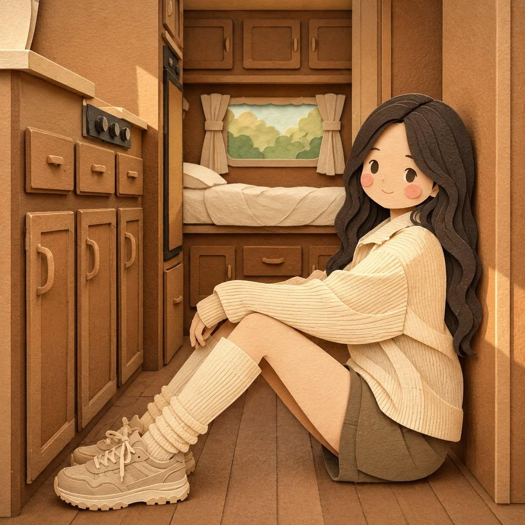 将这张图片转化为柔和的、手工制作的层叠剪纸插画,灵感来自纸质工艺立体场景模型。使用平滑、圆润的造型,角色比例可爱而简化,五官细节极简(圆点眼睛…, 图片 1