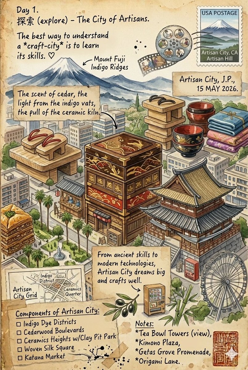 复古旅行日记水彩插画,两座城市呈现于泛黄纸张之上,搭配邮票、手写笔记与地图。第一幅:洛杉矶街景,可见棕榈树、市政大厅(City Hall)、威…, 图片 2
