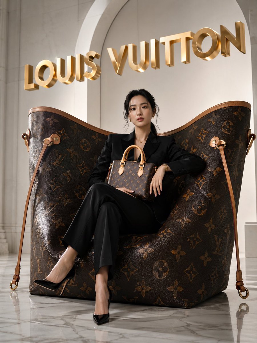 一张令人惊叹的前卫奢侈时尚大片摄影作品，为 Louis Vuitton（路易威登）打造，场景设在一个极简主义、高天花板的粉白色摄影棚中，地面为…, 图片 1