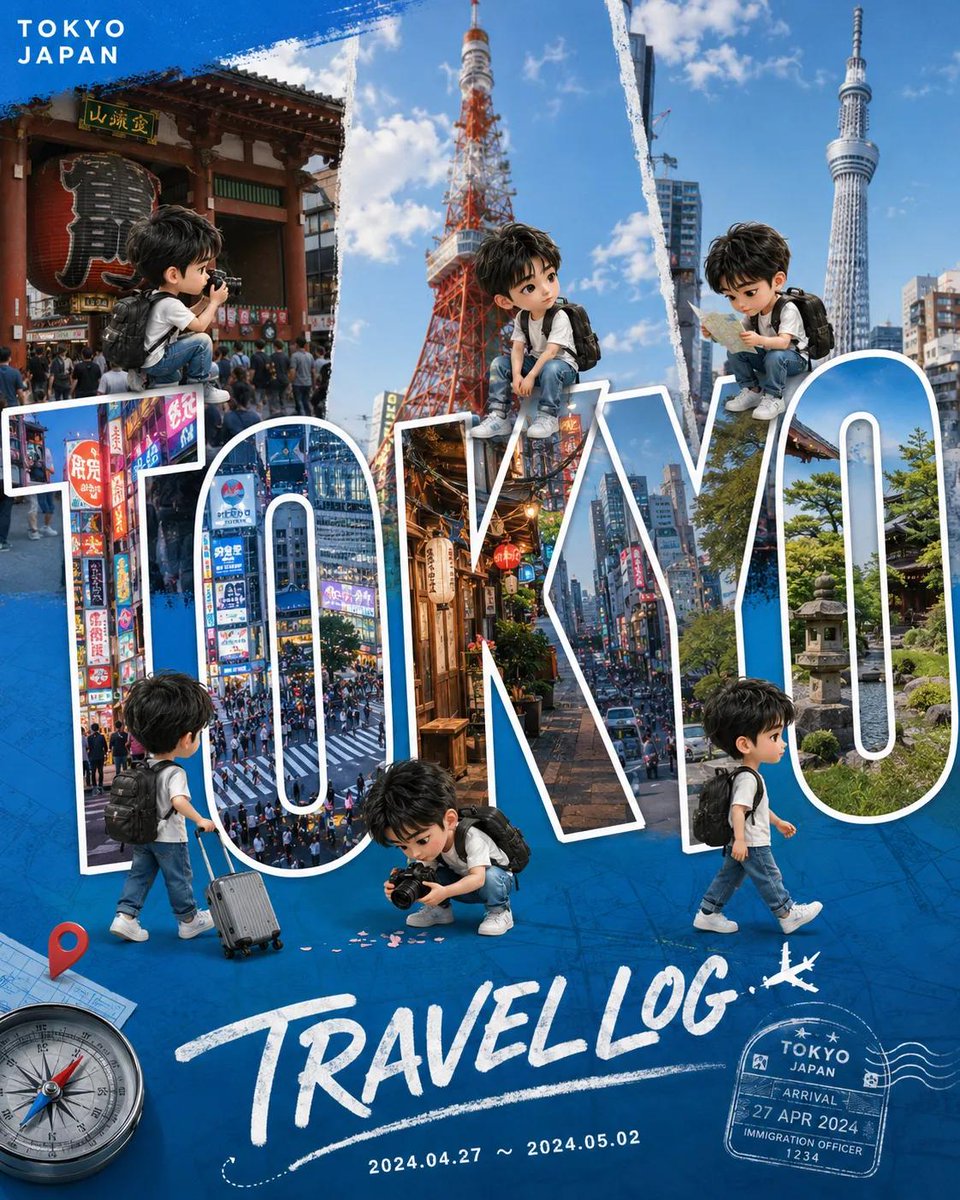 可爱Q版旅行Vlog海报设计,描绘可爱的迷你旅行者探索一座世界著名城市,巨型粗体3D城市名称字体内部填充地标摄影和城市景观,卡哇伊风格的角色坐…, 图片 1