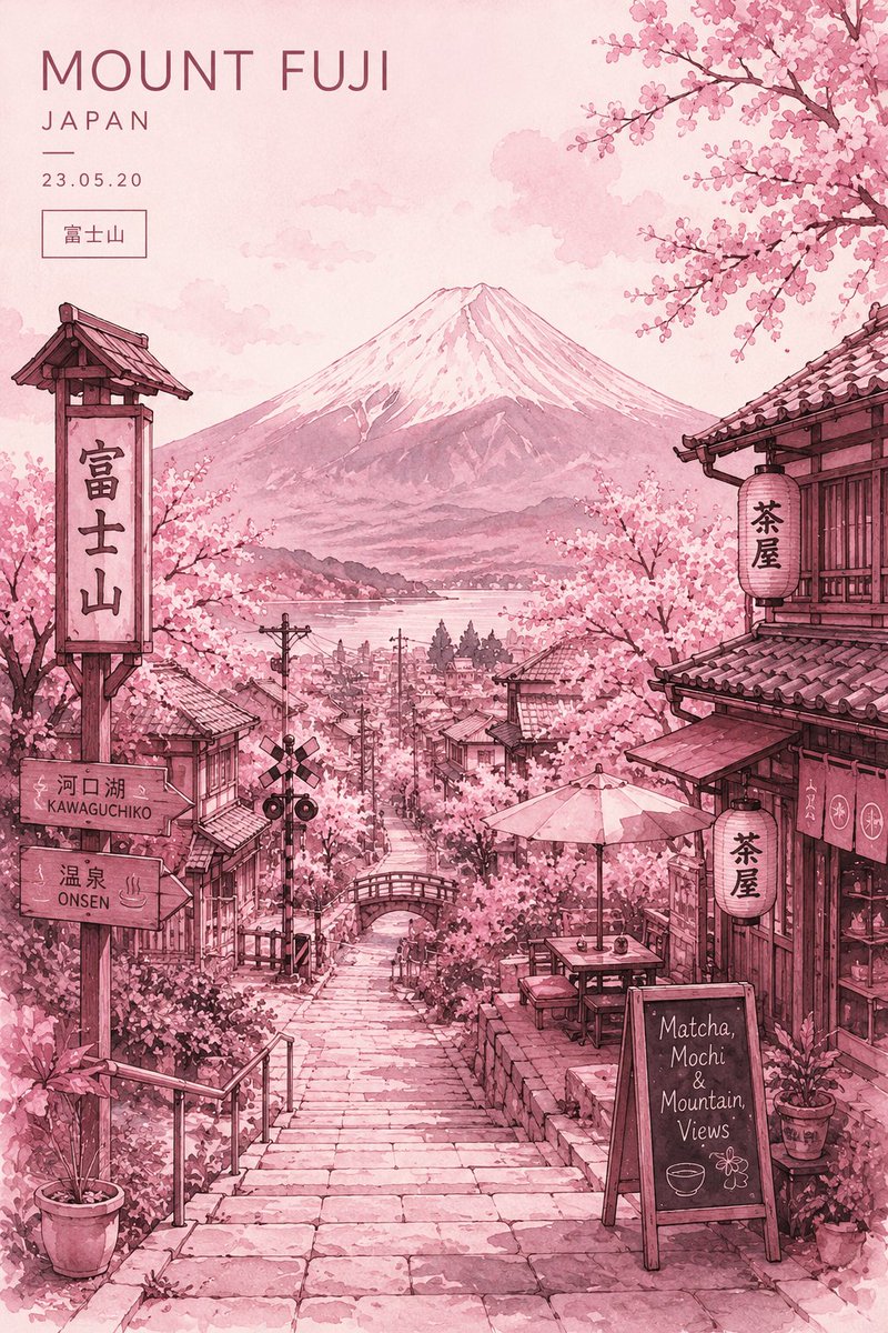 日本富士山春季的极简超详细旅游海报插画，从迷人的传统日本山坡街道向下俯瞰下方城市的视角。巨大的积雪覆盖富士山居中位于背景，在柔和的 paste…, 图片 1