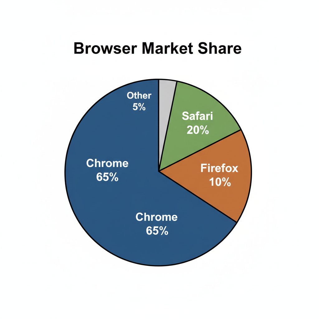 "显示浏览器市场份额的饼图:Chrome 65%,Safari 20%,Firefox 10%,其他 5%。每个扇区应大小适当,并标注浏览器名…, 图片 1