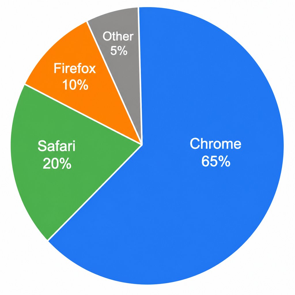 "显示浏览器市场份额的饼图:Chrome 65%,Safari 20%,Firefox 10%,其他 5%。每个扇区应大小适当,并标注浏览器名…, 图片 2