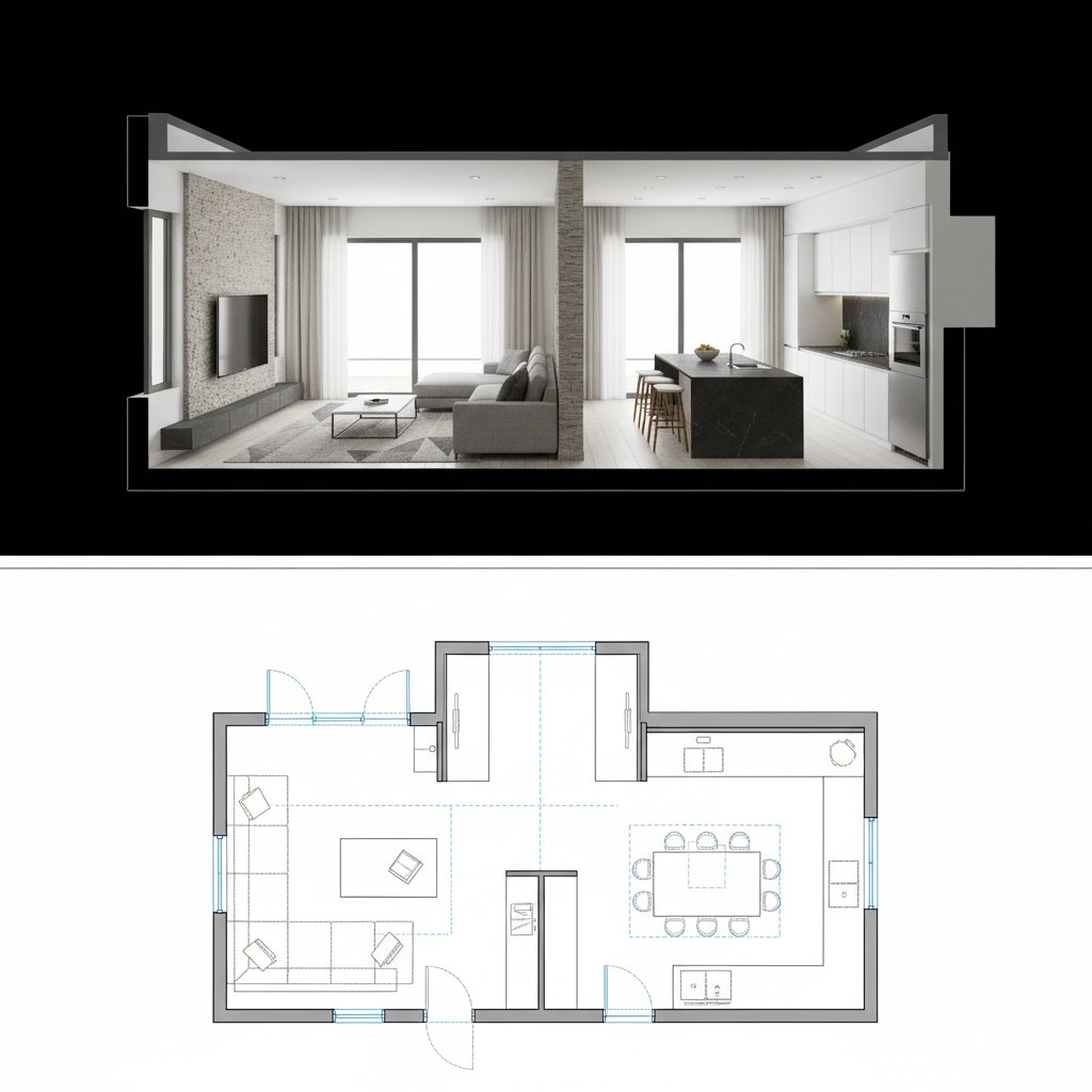 "一张综合建筑可视化效果图。顶部部分展示了一栋现代房屋一层的照片级真实感 3D 剖面视图,其中有一个带家具的客厅…… https://t.co…, 图片 1