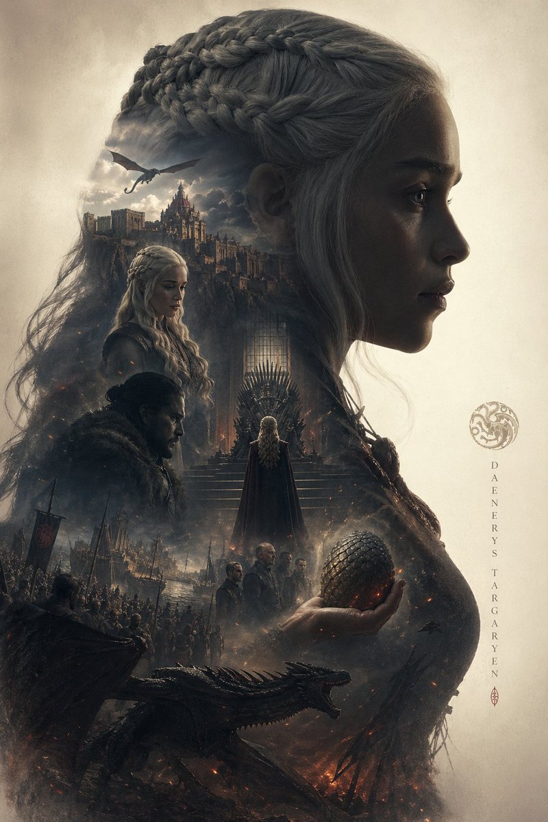 根据{Daenerys Targaryen}自动生成一张档案级史诗叙事海报：以{Daenerys Targaryen}角色的一个巨大而优雅的侧…, 图片 1