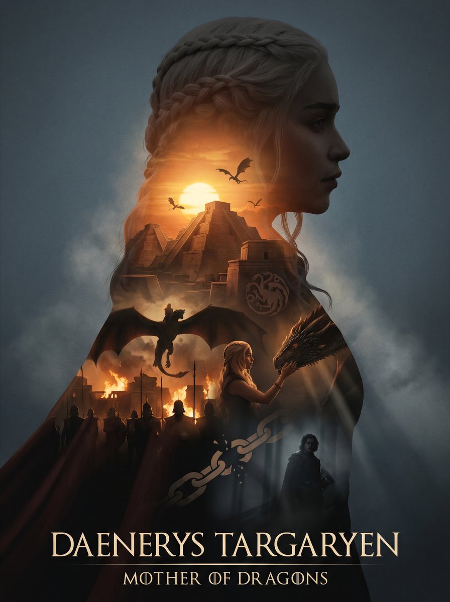 根据{Daenerys Targaryen}自动生成一张档案级史诗叙事海报：以{Daenerys Targaryen}角色的一个巨大而优雅的侧…, 图片 2