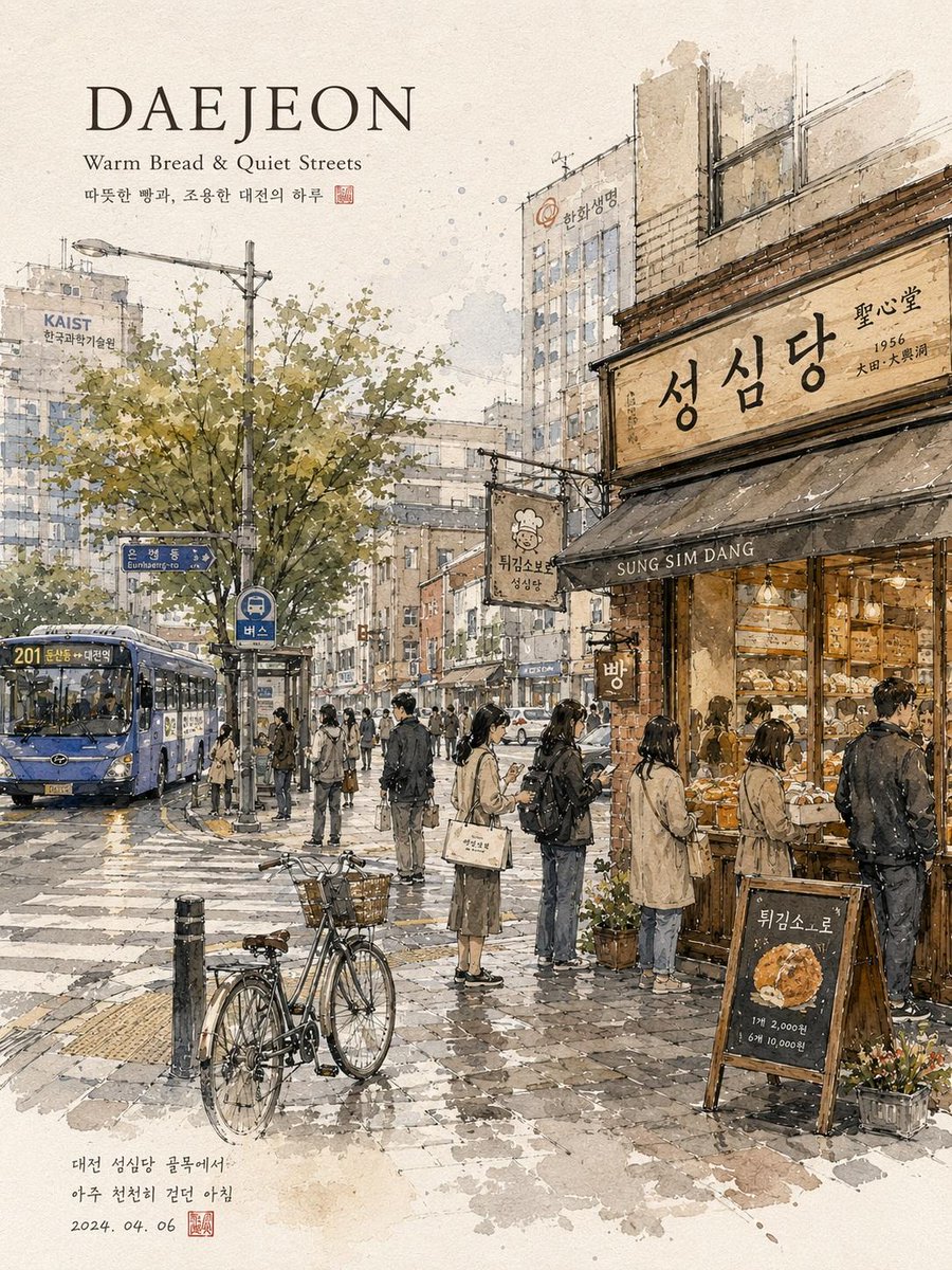 梦幻水彩旅行插画,描绘一条宁静的韩国城市街道,手绘城市速写本风格,细腻的钢笔线条与柔和的水彩晕染相结合,温馨的咖啡馆店面,温暖的面包店灯光透过…, 图片 1