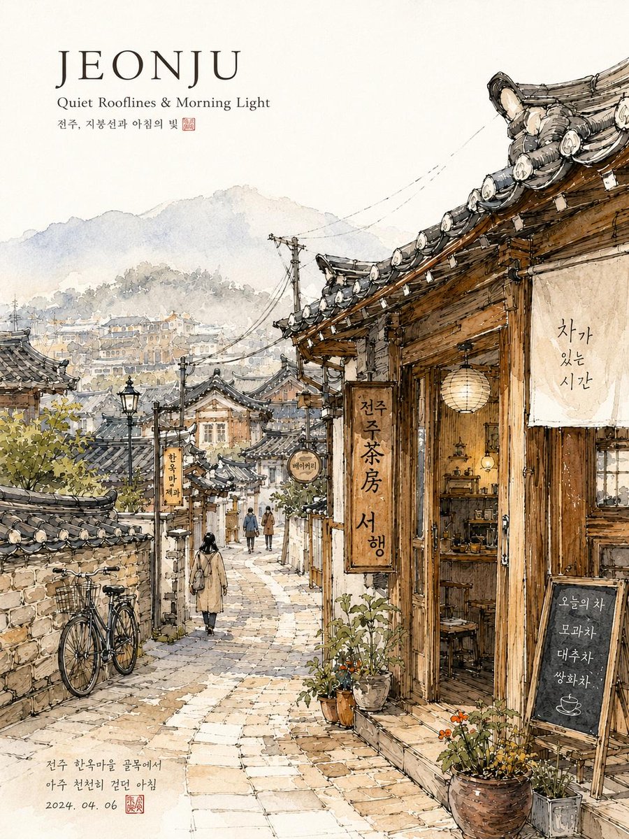 梦幻水彩旅行插画,描绘一条宁静的韩国城市街道,手绘城市速写本风格,细腻的钢笔线条与柔和的水彩晕染相结合,温馨的咖啡馆店面,温暖的面包店灯光透过…, 图片 2